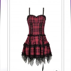Red Plaid Corset Dress with Black Lace